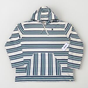 Hurley Naturals Mens OG Hooded Poncho Striped Hoodie Blue Teal Cream Size L NWT